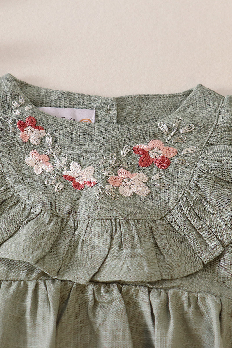 Sage floral embroidery ruffle linen girl bubble