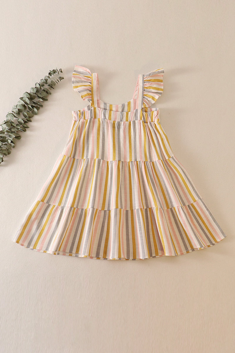 Multicolored stripe tiered ruffle linen dress