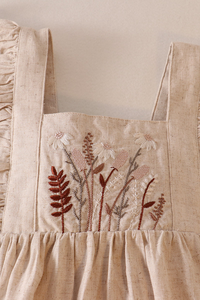 Beige floral embroidery ruffle linen dress