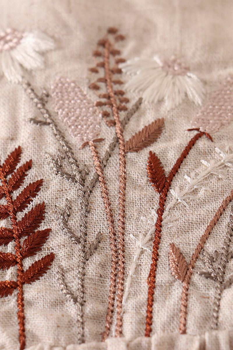 Beige floral embroidery ruffle linen dress