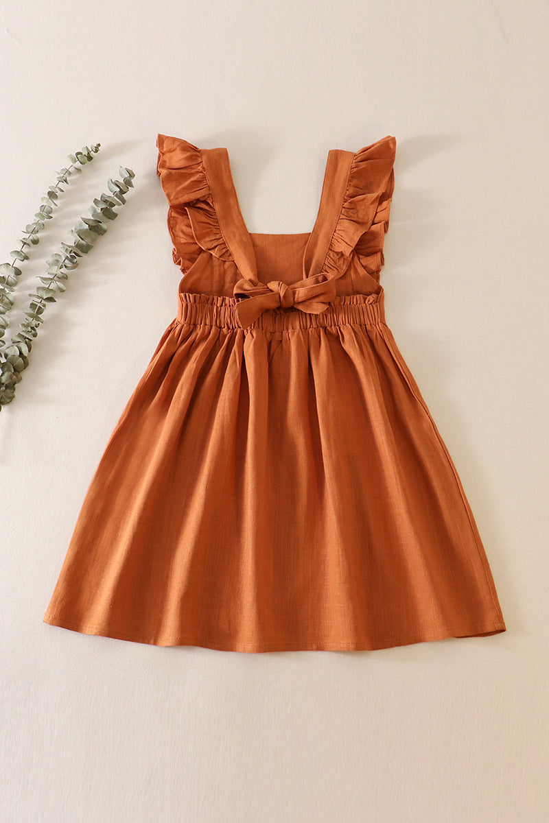 Caramel ruffle linen dress