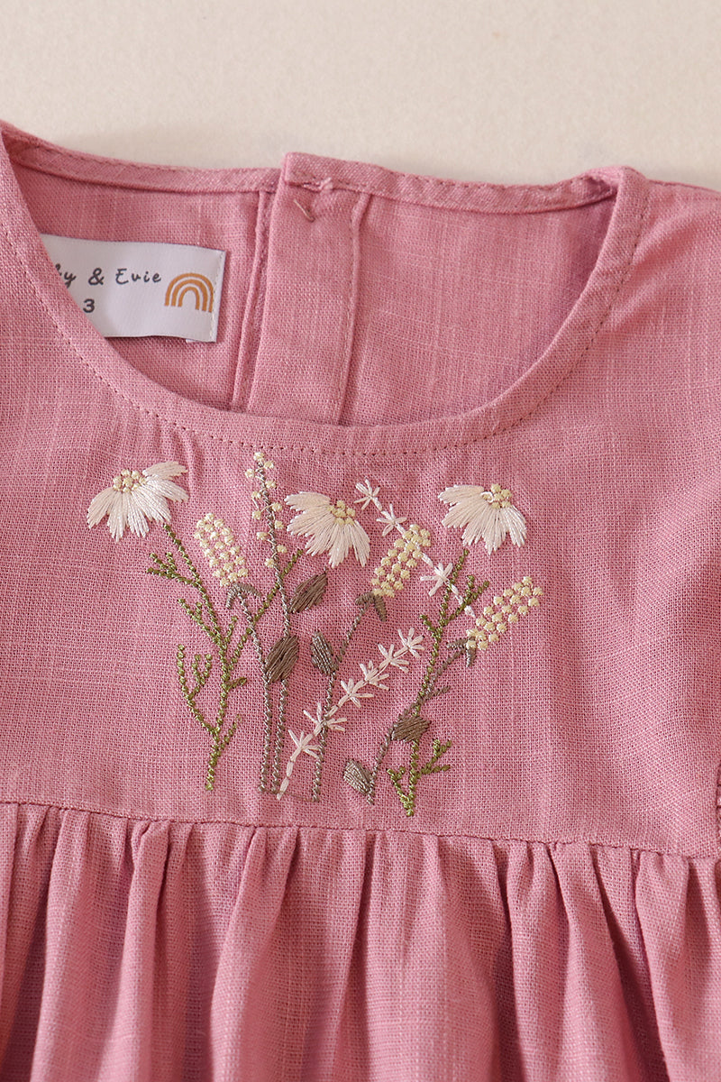 Mauve daisy embroidery linen dress
