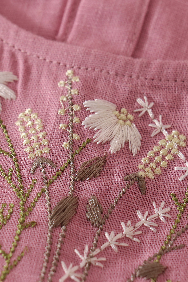 Mauve daisy embroidery linen dress