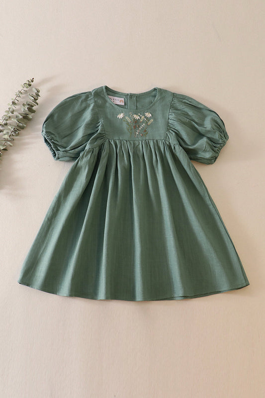 Sage daisy embroidery linen dress
