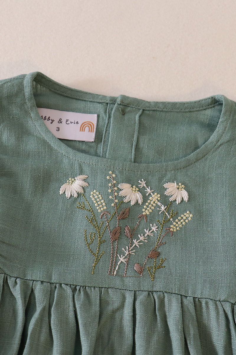 Sage daisy embroidery linen dress