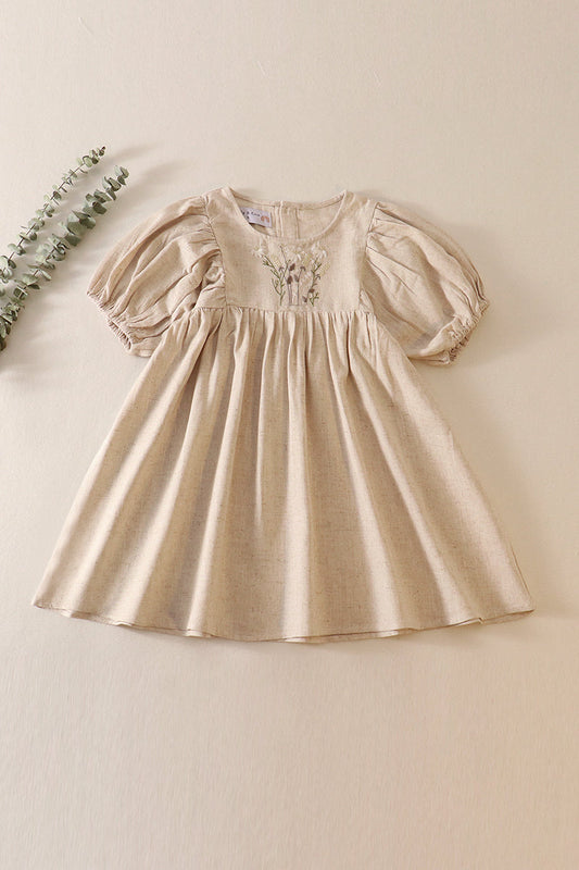 Beige daisy embroidery linen dress