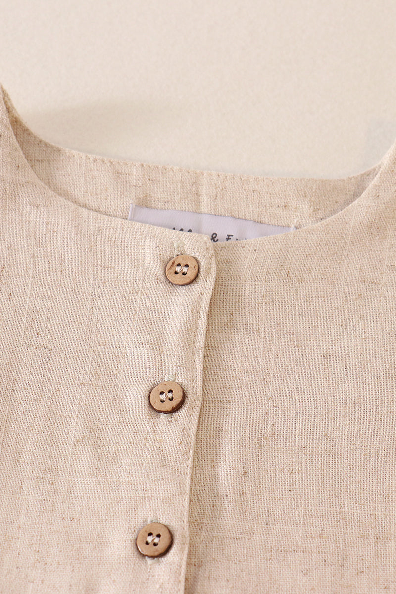 Beige ruffle button linen dress