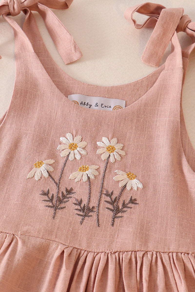 Mauve floral embroidery linen dress