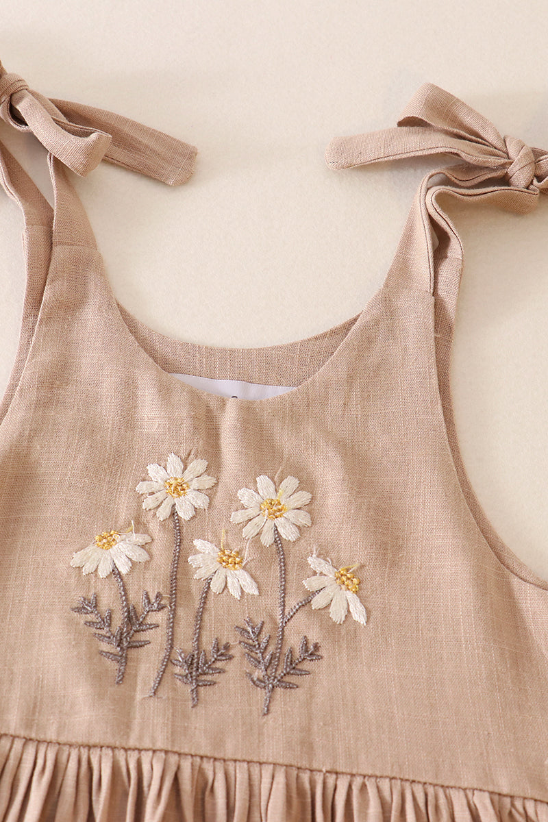 Beige floral embroidery linen dress