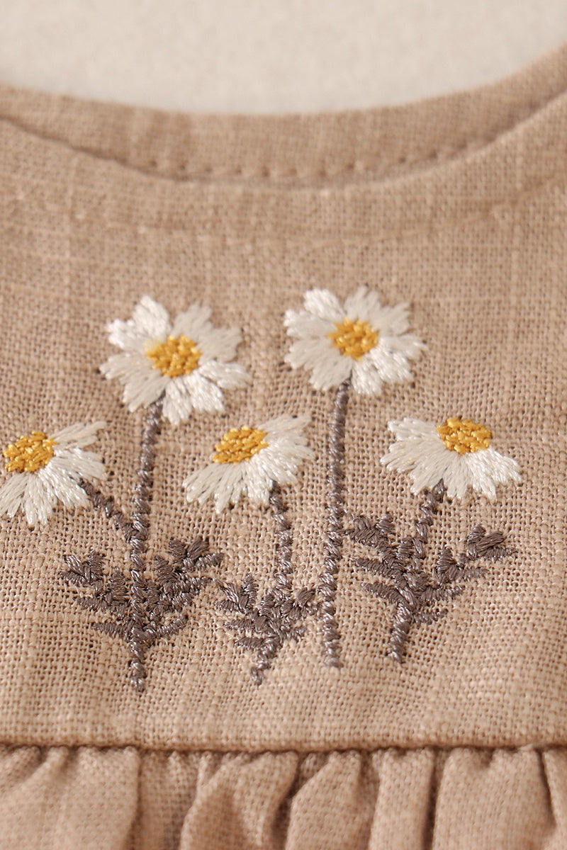 Beige linen floral embroidery ruffle strap bubble