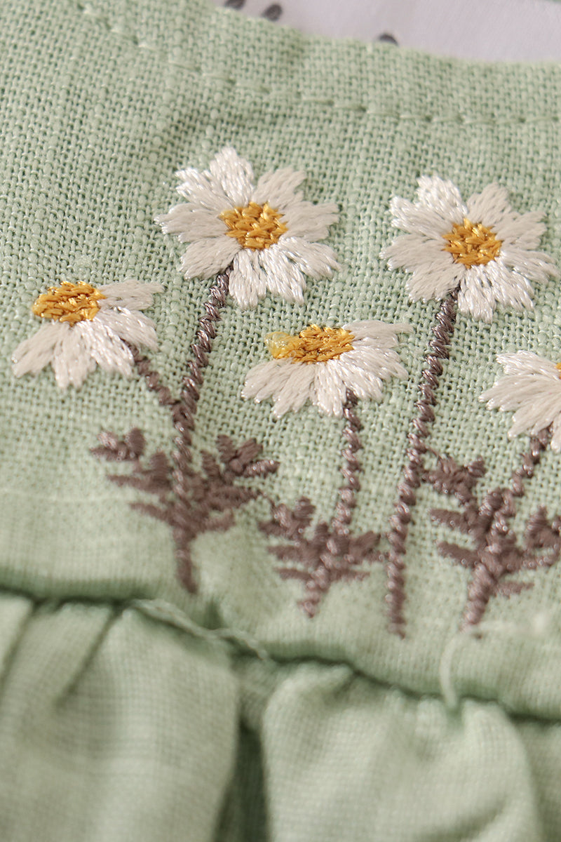 Sage linen floral embroidery ruffle starp bubble