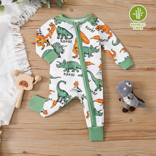 Baby Boy Bamboo Fiber Cute Dinosaur Print Zip-Up Jumpsuits