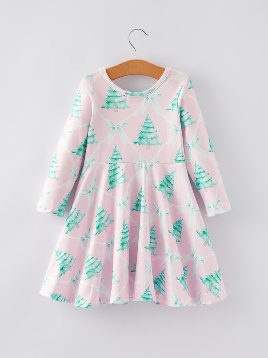 Christmas Tree Bow Print Girls Dress