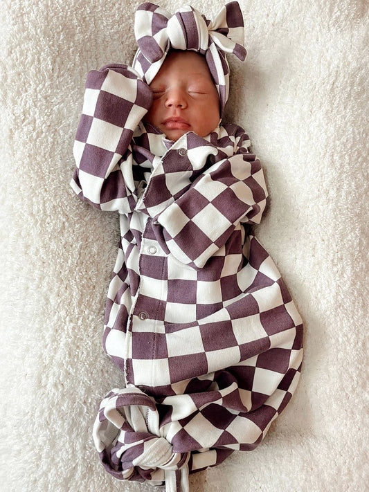 Berry Cheesecake Checkerboard / Organic Kimono Knot Gown