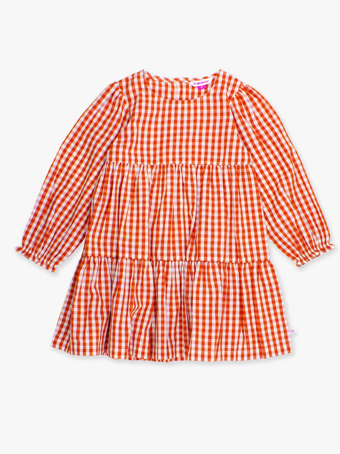 Girls Classic Rust Gingham Woven Long Sleeve Tiered Twirl Dress