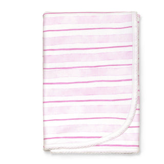 Pink striped blanket folded, showing double-layer design with white and pink stripes.