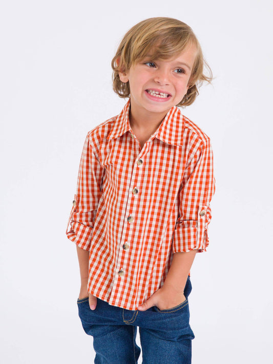 Boys Classic Rust Gingham Long Sleeve Button Down