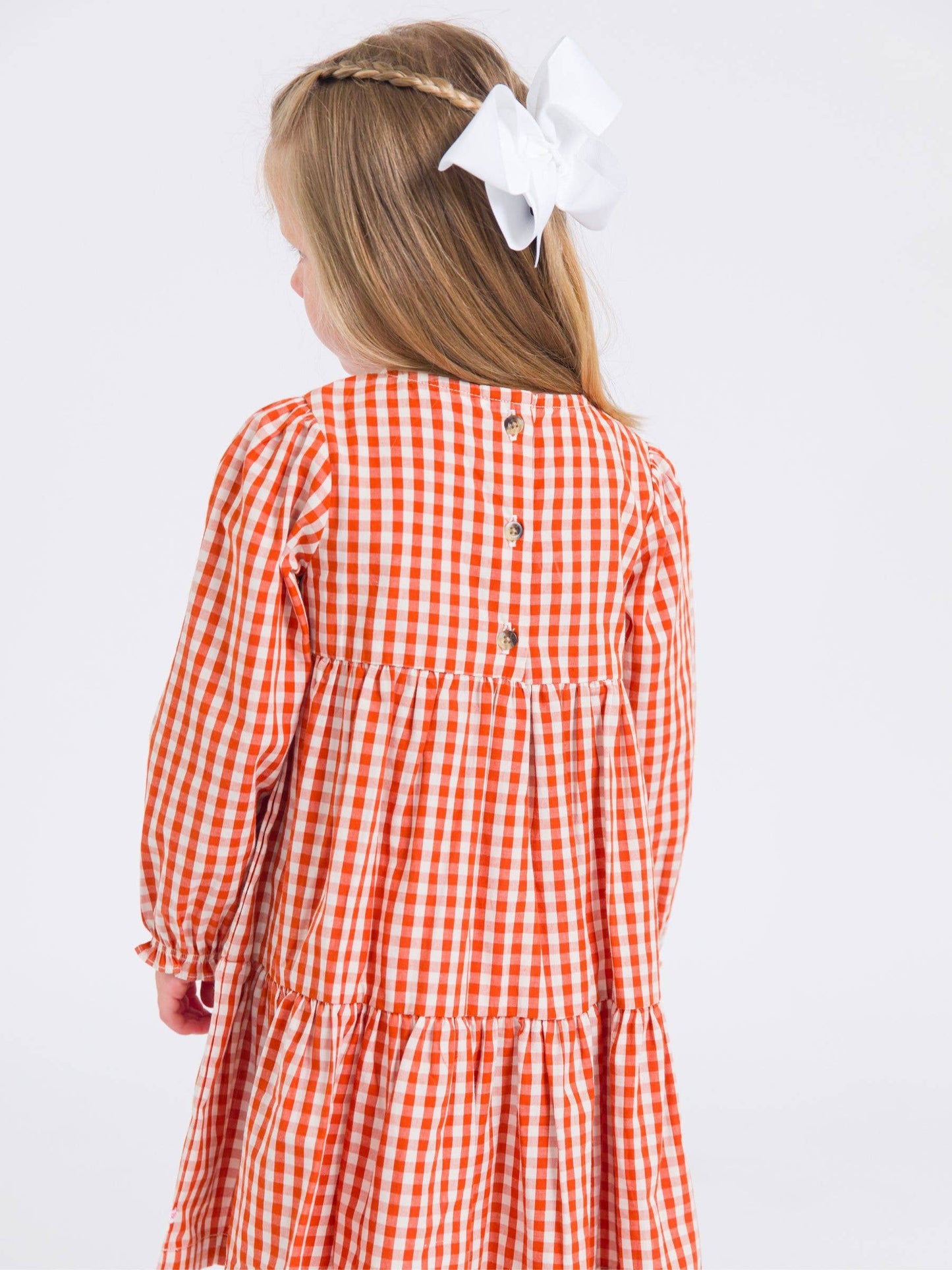 Girls Classic Rust Gingham Woven Long Sleeve Tiered Twirl Dress