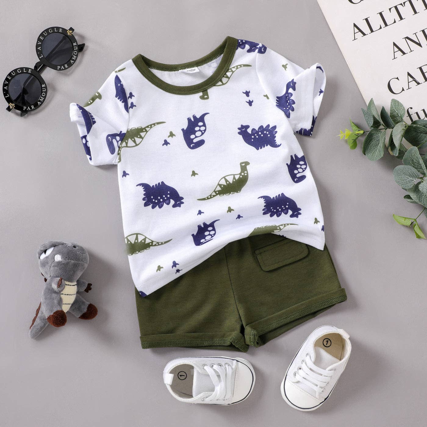 2pcs Baby Boy All Over Dinosaur Tee  Shorts Set