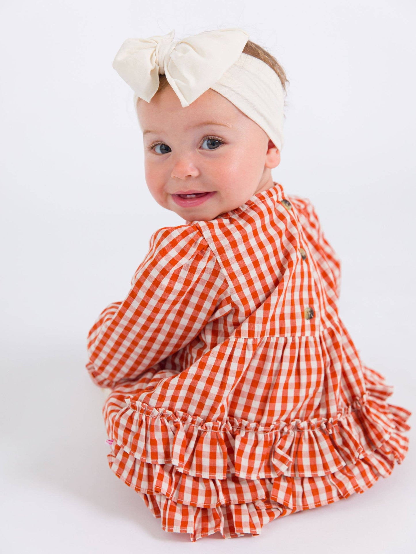 Baby Girls Classic Rust Gingham Woven Long Sleeve Bubble Romper