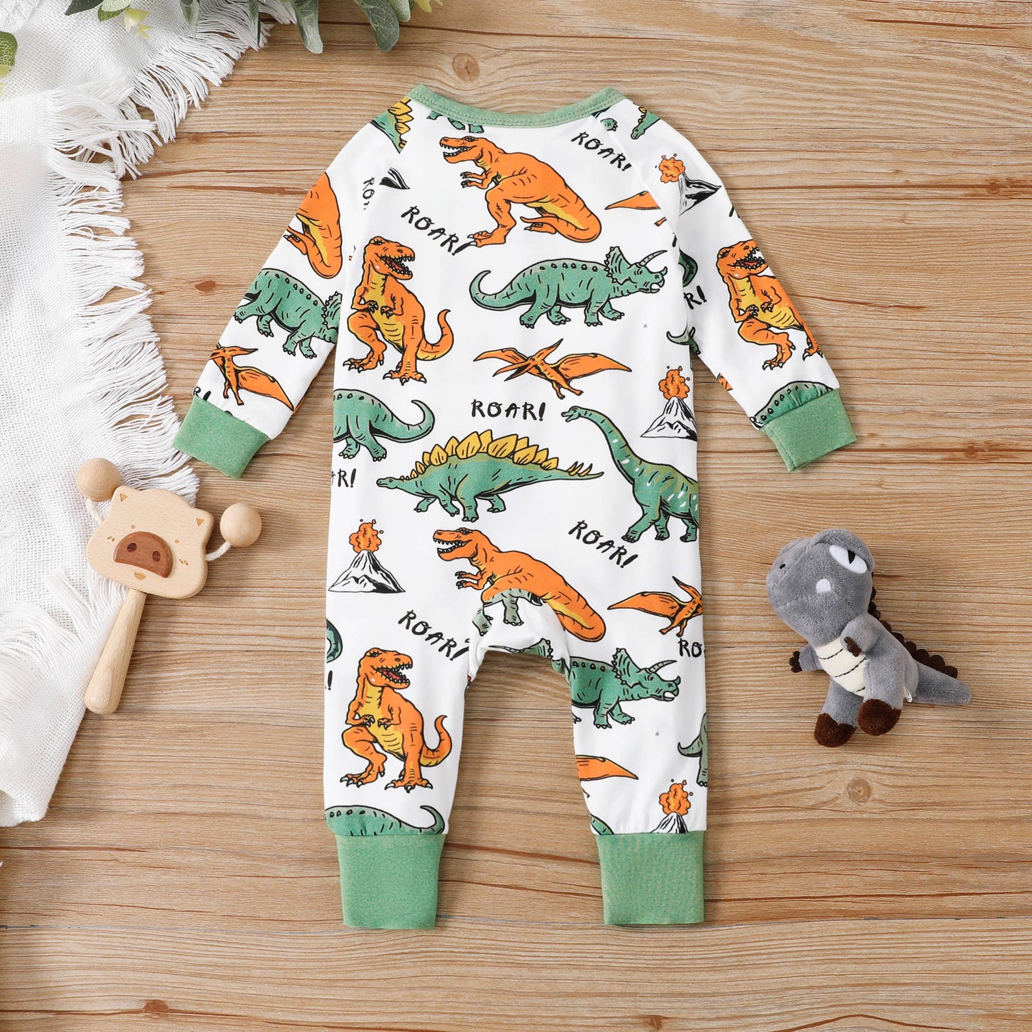 Baby Boy Bamboo Fiber Cute Dinosaur Print Zip-Up Jumpsuits