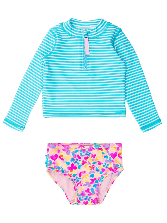 Girls Vibrant Neon Long Sleeve Zipper Rash Guard 2-Piece