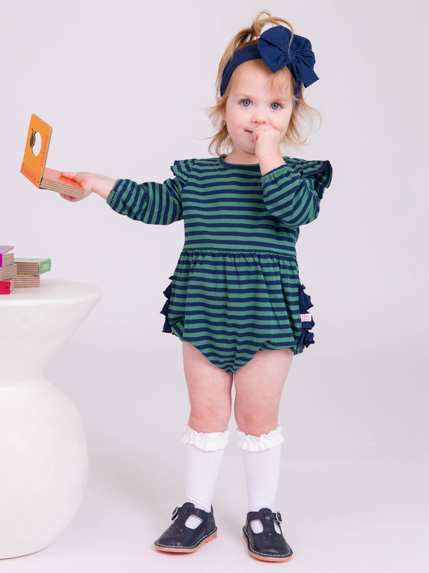 Baby Girls Fir Green & Navy Stripe Knit Long Sleeve Flutter Bubble Romper