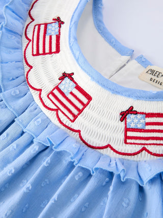 4th of July American Flag Girls Dress Ruffle Collar Scallop Hem - Sunny Meadow Boutique