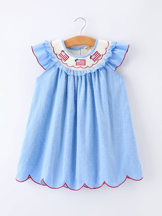 4th of July American Flag Girls Dress Ruffle Collar Scallop Hem - Sunny Meadow Boutique