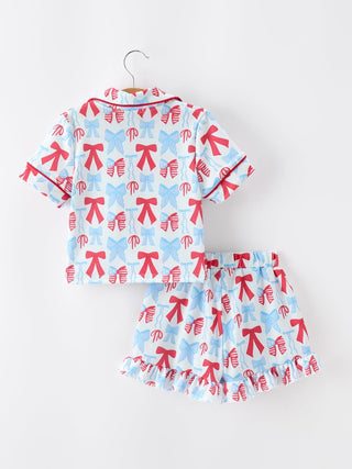 4th of July Bow Girls Pajama Set Short Sleeve Ruffle Shorts - Sunny Meadow Boutique