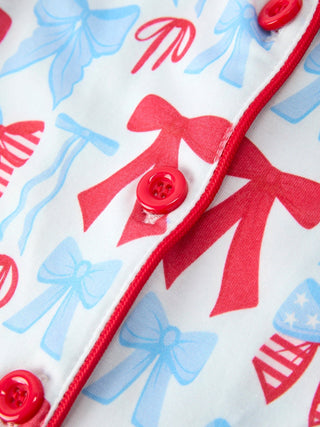 4th of July Bow Girls Pajama Set Short Sleeve Ruffle Shorts - Sunny Meadow Boutique