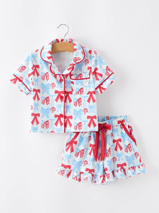 4th of July Bow Girls Pajama Set Short Sleeve Ruffle Shorts - Sunny Meadow Boutique
