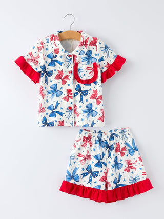 4th Of July Bow Star Girls Pajamas Set - Sunny Meadow Boutique
