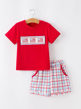 4th of July Flag Boys Set Short Sleeve Top Plaid Shorts - Sunny Meadow Boutique