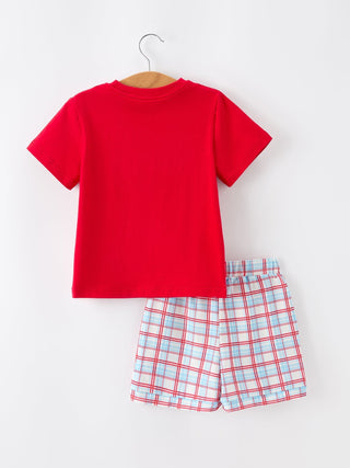 4th of July Flag Boys Set Short Sleeve Top Plaid Shorts - Sunny Meadow Boutique