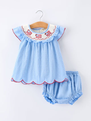 4th of July Flag Girls Bloomer Set Ruffle Collar - Sunny Meadow Boutique