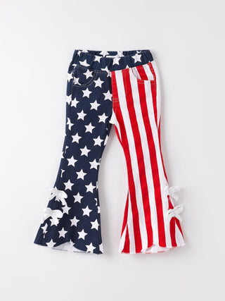 4th of july Patriotic Star Stripe Bow Flare Pants - Sunny Meadow Boutique