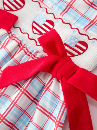 4th of July Plaid Bow Girls Set Smocked Puff Sleeve Top Bloomer - Sunny Meadow Boutique
