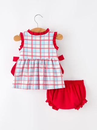 4th of July Plaid Bow Girls Set Smocked Puff Sleeve Top Bloomer - Sunny Meadow Boutique
