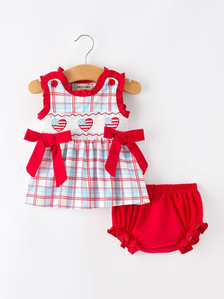 4th of July Plaid Bow Girls Set Smocked Puff Sleeve Top Bloomer - Sunny Meadow Boutique