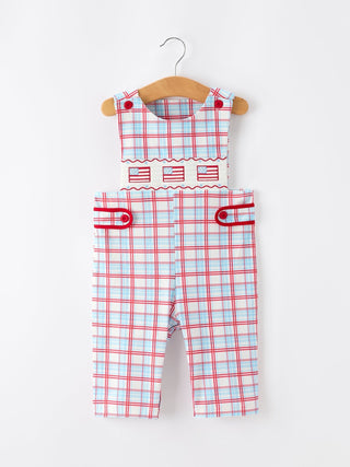 4th of July Plaid Boys Romper Smocked Flag Button Strap - Sunny Meadow Boutique
