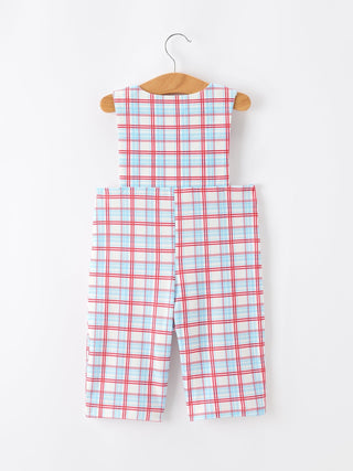 4th of July Plaid Boys Romper Smocked Flag Button Strap - Sunny Meadow Boutique
