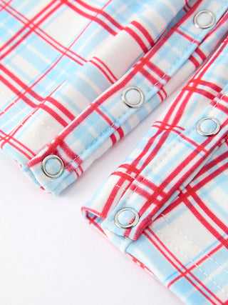 4th of July Plaid Boys Romper Smocked Flag Button Strap - Sunny Meadow Boutique