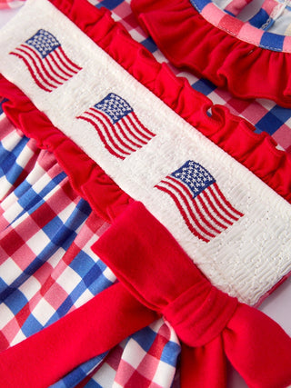 4th of July Plaid Flag Girl Bloomer Set With Bow - Sunny Meadow Boutique