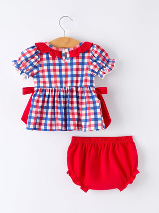 4th of July Plaid Flag Girl Bloomer Set With Bow - Sunny Meadow Boutique