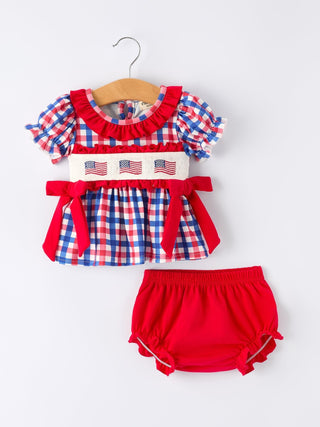 4th of July Plaid Flag Girl Bloomer Set With Bow - Sunny Meadow Boutique