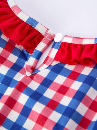 4th of July Plaid Flag Girl Dress With Bow - Sunny Meadow Boutique