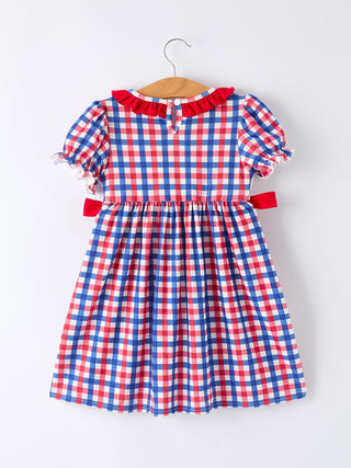 4th of July Plaid Flag Girl Dress With Bow - Sunny Meadow Boutique