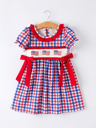 4th of July Plaid Flag Girl Dress With Bow - Sunny Meadow Boutique