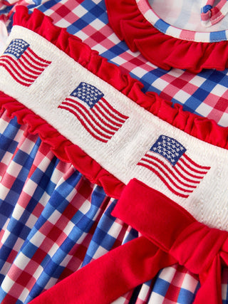 4th of July Plaid Flag Girl Dress With Bow - Sunny Meadow Boutique